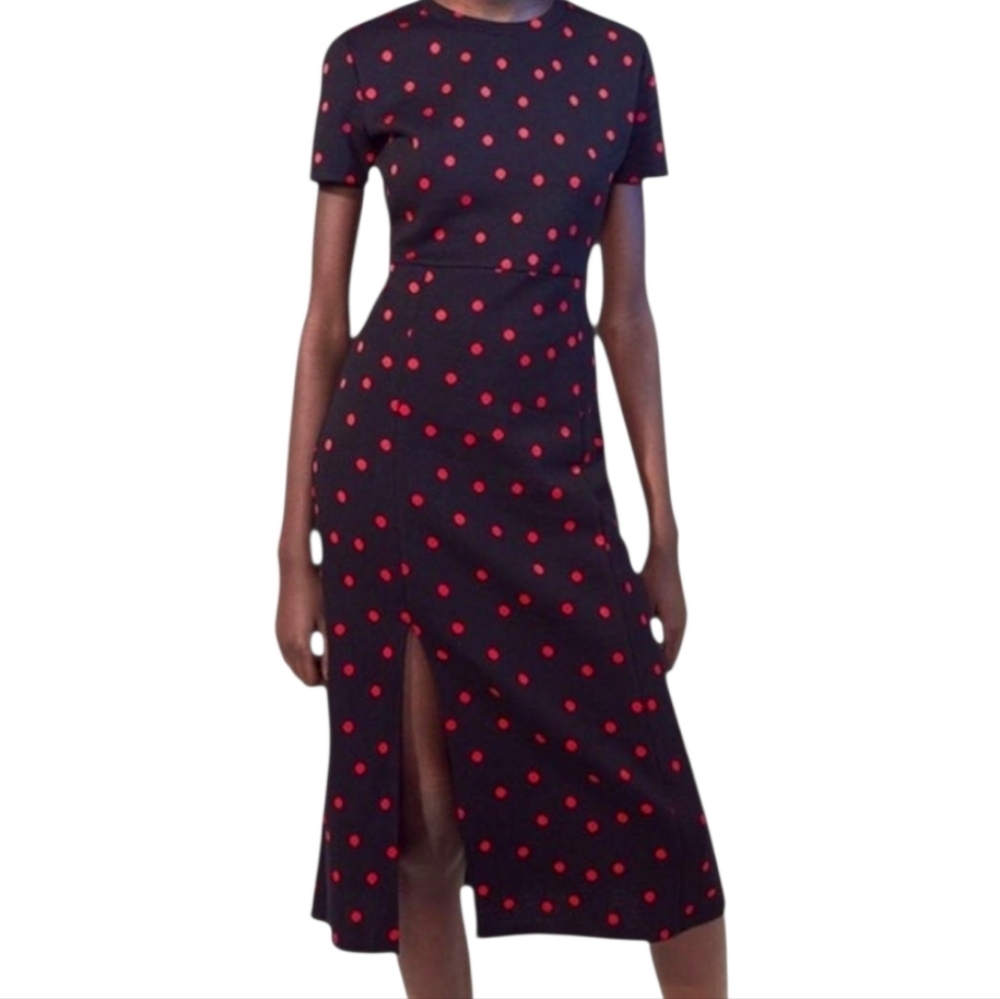 Zara Black Midi Dress with Red Polka Dots SZ M